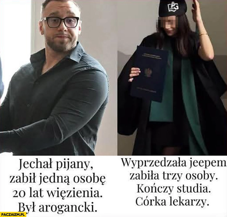 
    Łukasz Żak jechał pijany zabił jedną osobę 20 lat wiezienia, Agnieszka Zrobek zabiła trzy osoby, kończy studia, córka lekarzy