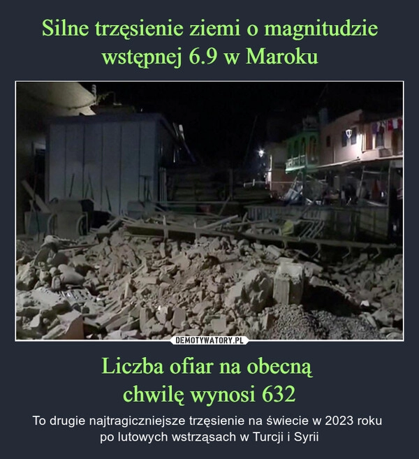 
    Silne trzęsienie ziemi o magnitudzie wstępnej 6.9 w Maroku Liczba ofiar na obecną 
chwilę wynosi 632