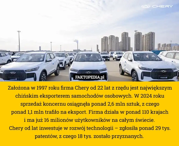 
    Założona w 1997 roku firma Chery od 22 lat z rzędu jest największym chińskim