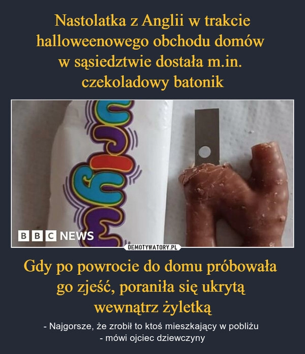 
    
Nastolatka z Anglii w trakcie halloweenowego obchodu domów
w sąsiedztwie dostała m.in.
czekoladowy batonik Gdy po powrocie do domu próbowała
go zjeść, poraniła się ukrytą
wewnątrz żyletką 