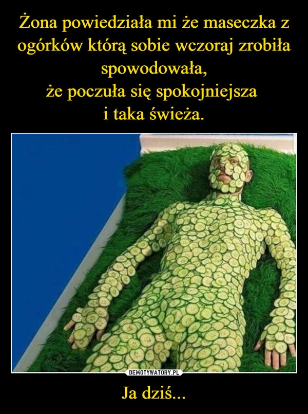 
    Żona powiedziała mi że maseczka z ogórków którą sobie wczoraj zrobiła spowodowała,
że poczuła się spokojniejsza 
i taka świeża. Ja dziś...