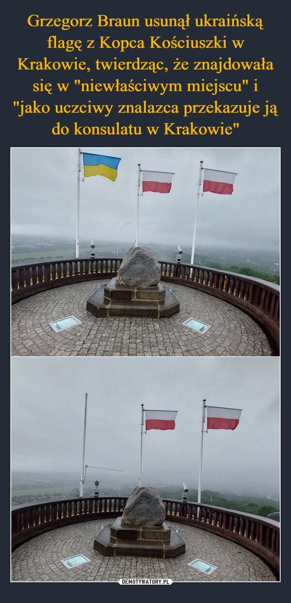 
    Grzegorz Braun usunął ukraińską flagę z Kopca Kościuszki w Krakowie, twierdząc, że znajdowała się w "niewłaściwym miejscu" i "jako uczciwy znalazca przekazuje ją do konsulatu w Krakowie"