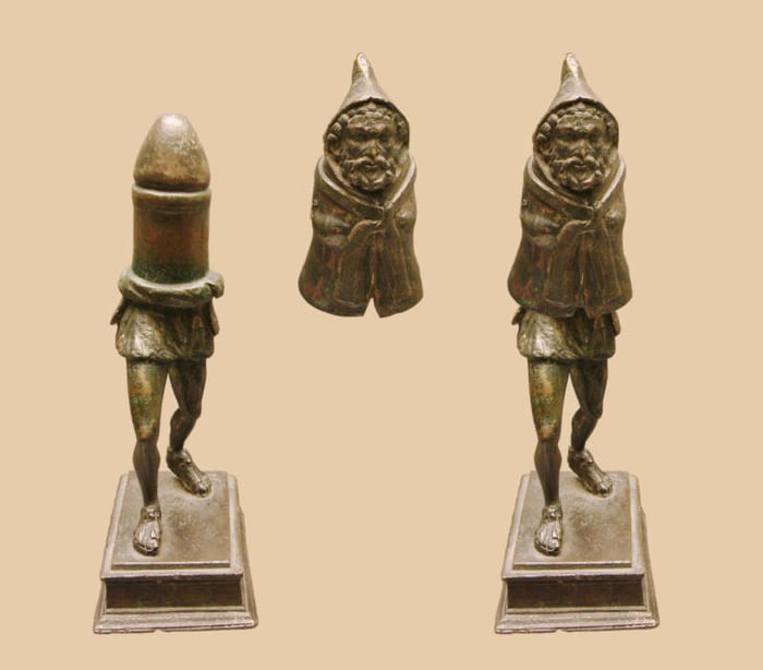 
    This is a bronze statuette possibly of the Roman fertility god Priapus, made in two parts. This upper section is detachable and conceals a phallus. Late 1st century C.E. Picardy, France