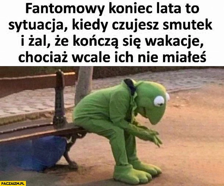 
    Fantomowy koniec lata to sytuacja kiedy czujesz smutek i żal, że kończą się wakacje chociaż wcale ich nie miałeś Kermit