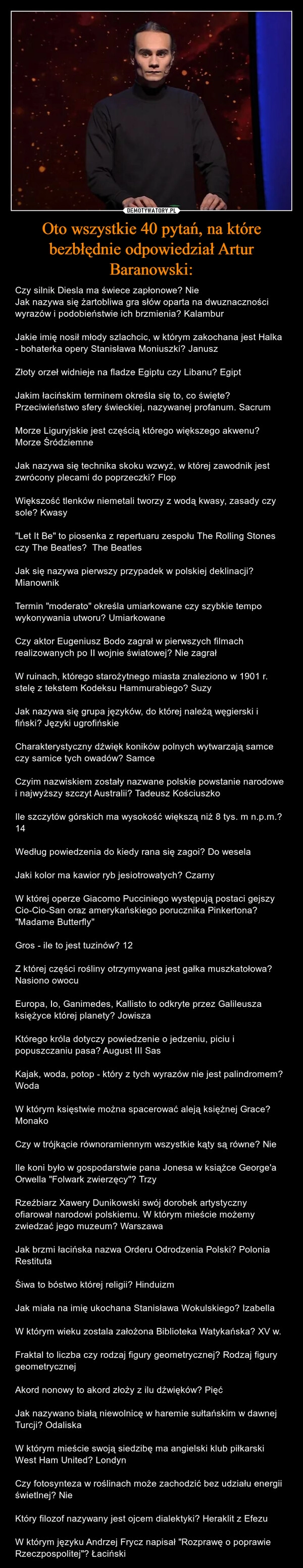 
    Oto wszystkie 40 pytań, na które bezbłędnie odpowiedział Artur Baranowski: