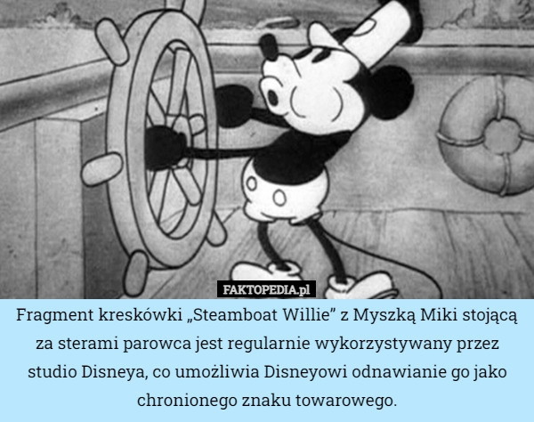 
    Fragment kreskówki „Steamboat Willie” z Myszką Miki stojącą za sterami parowca