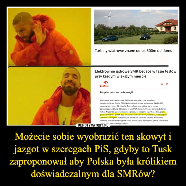 
    Możecie sobie wyobrazić ten skowyt i jazgot w szeregach PiS, gdyby to Tusk zaproponował aby Polska była królikiem doświadczalnym dla SMRów?