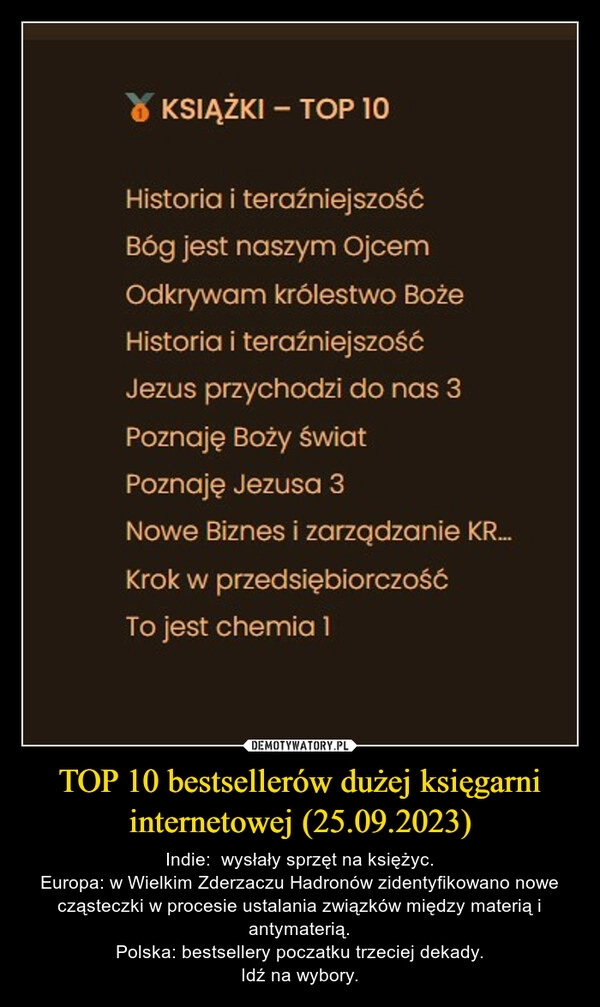 
    TOP 10 bestsellerów dużej księgarni internetowej (25.09.2023)