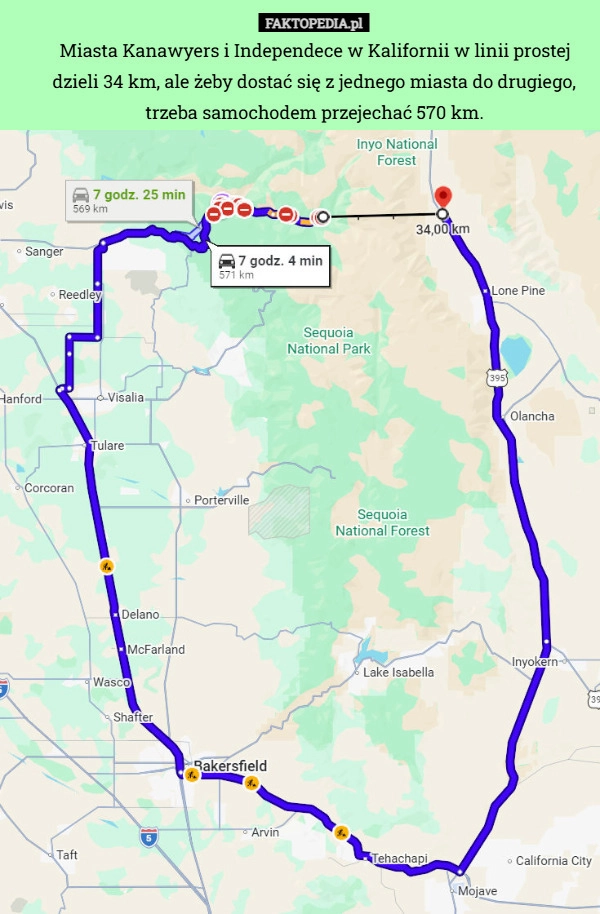 
    Miasta Kanawyers i Independece w Kalifornii w linii prostej dzieli 34 km,