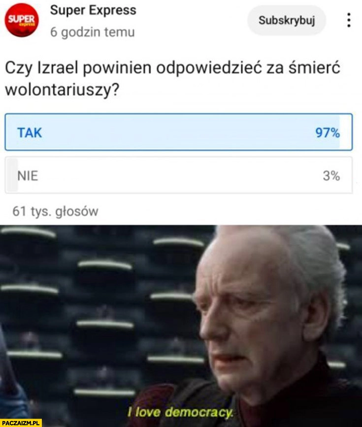 
    Czy Izrael powinien odpowiedzieć za śmierć wolontariuszy? Sonda ankieta 97% procent na tak kocham demokrację