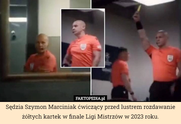 
    Sędzia Szymon Marciniak ćwiczący przed lustrem rozdawanie żółtych kartek