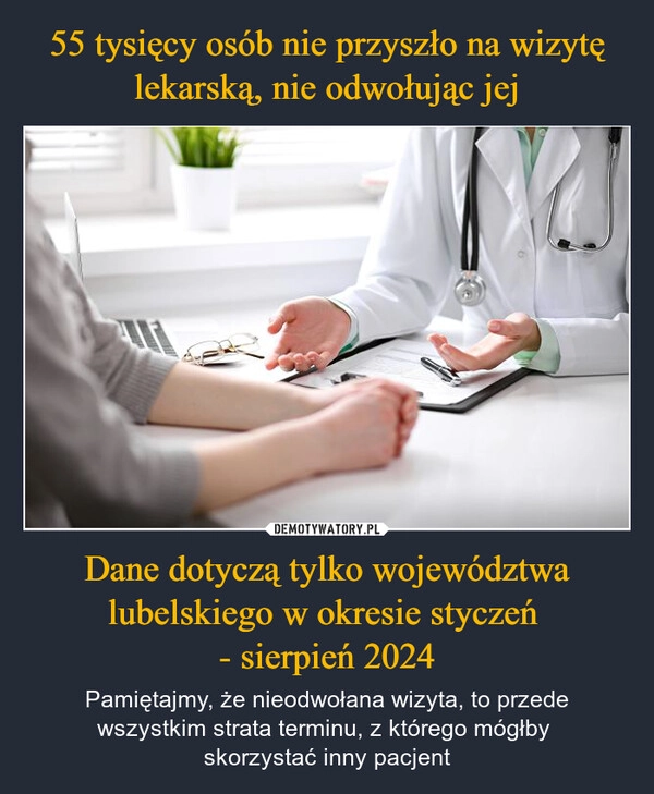 
    55 tysięcy osób nie przyszło na wizytę lekarską, nie odwołując jej Dane dotyczą tylko województwa lubelskiego w okresie styczeń 
- sierpień 2024