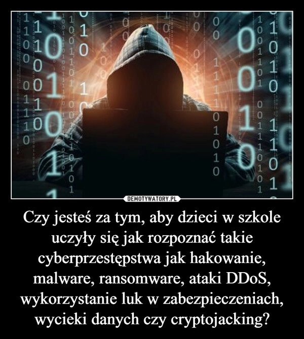 
    Czy jesteś za tym, aby dzieci w szkole uczyły się jak rozpoznać takie cyberprzestępstwa jak hakowanie, malware, ransomware, ataki DDoS, wykorzystanie luk w zabezpieczeniach, wycieki danych czy cryptojacking?