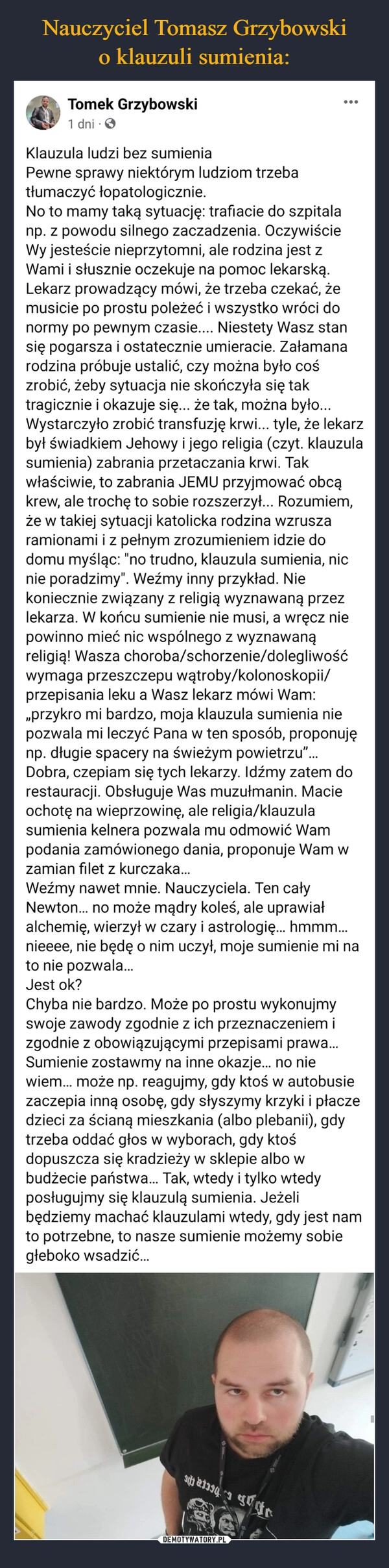 
    Nauczyciel Tomasz Grzybowski
o klauzuli sumienia: