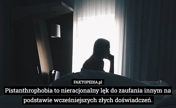 
    Pistanthrophobia to nieracjonalny lęk do zaufania innym na podstawie wcześniejszych
