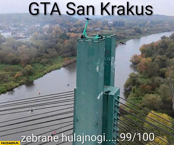 
    GTA San Krakus zebrane hulajnogi 99 ze 100 na słupie filarze mostu