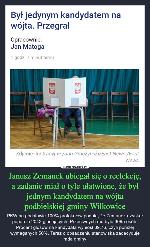 
    Janusz Zemanek ubiegał się o reelekcję, a zadanie miał o tyle ułatwione, że był jednym kandydatem na wójta podbielskiej gminy Wilkowice