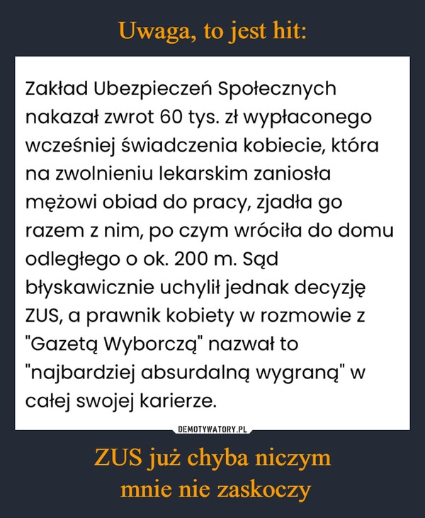 
    Uwaga, to jest hit: ZUS już chyba niczym
 mnie nie zaskoczy