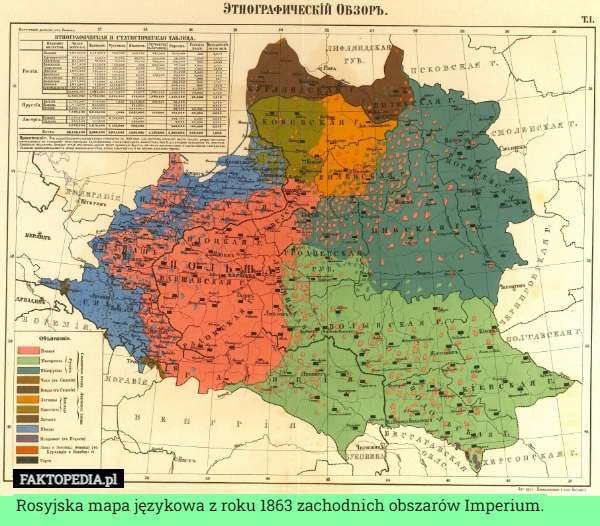 
    Rosyjska mapa językowa z roku 1863 zachodnich obszarów Imperium.