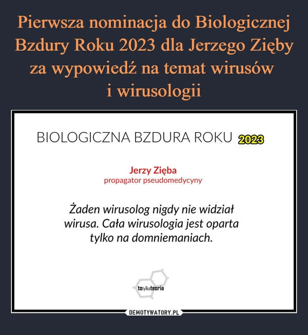 
    Pierwsza nominacja do Biologicznej Bzdury Roku 2023 dla Jerzego Zięby za wypowiedź na temat wirusów
i wirusologii 