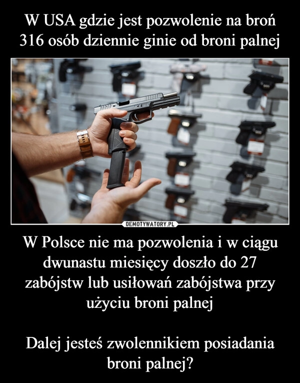 
    W USA gdzie jest pozwolenie na broń 316 osób dziennie ginie od broni palnej W Polsce nie ma pozwolenia i w ciągu dwunastu miesięcy doszło do 27 zabójstw lub usiłowań zabójstwa przy użyciu broni palnej

Dalej jesteś zwolennikiem posiadania broni palnej?