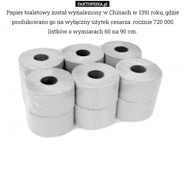 
    Papier toaletowy został wynaleziony w Chinach w 1391 roku, gdzie produkowano