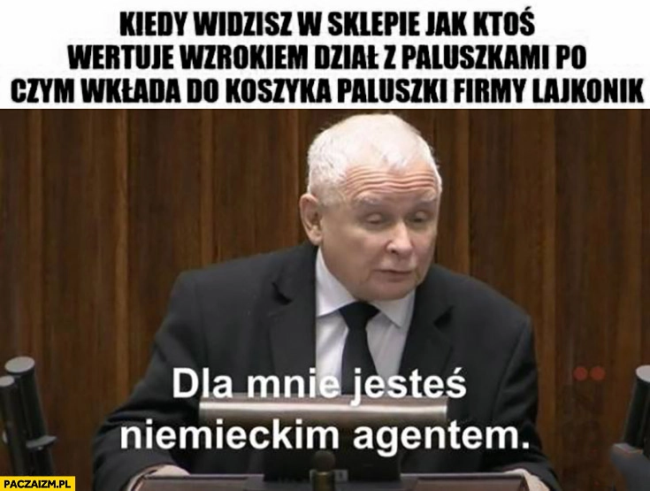 
    Kiedy widzisz w sklepie jak ktoś bierze paluszki firmy Lajkonik Kaczyński dla mnie jesteś niemieckim agentem