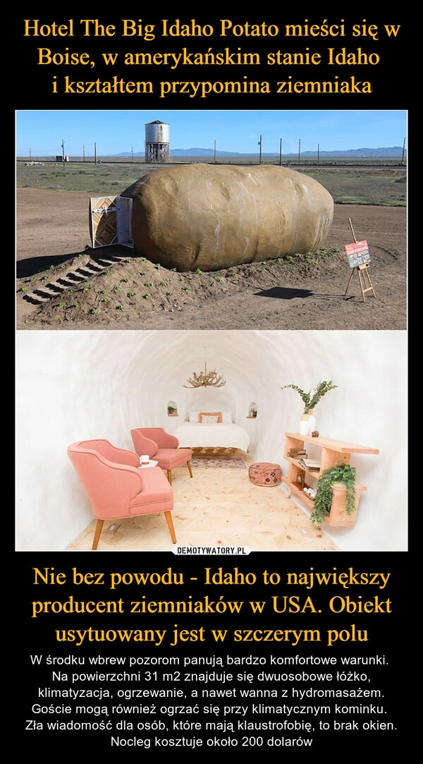 
    Hotel The Big Idaho Potato mieści się w Boise, w amerykańskim stanie Idaho 
i kształtem przypomina ziemniaka Nie bez powodu - Idaho to największy producent ziemniaków w USA. Obiekt usytuowany jest w szczerym polu