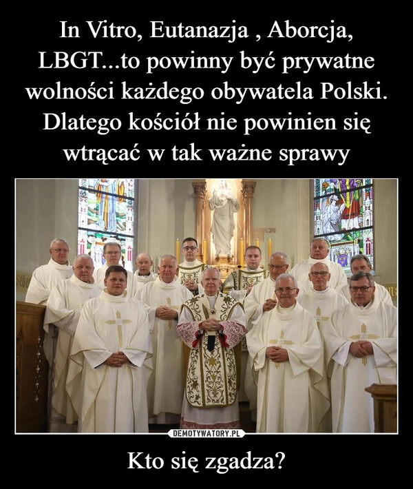
    In Vitro, Eutanazja , Aborcja, LBGT...to powinny być prywatne wolności każdego obywatela Polski. Dlatego kościół nie powinien się wtrącać w tak ważne sprawy Kto się zgadza?