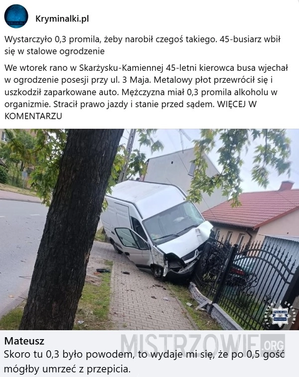 
    Kierowca busa wjechał w ogrodzenie posesji