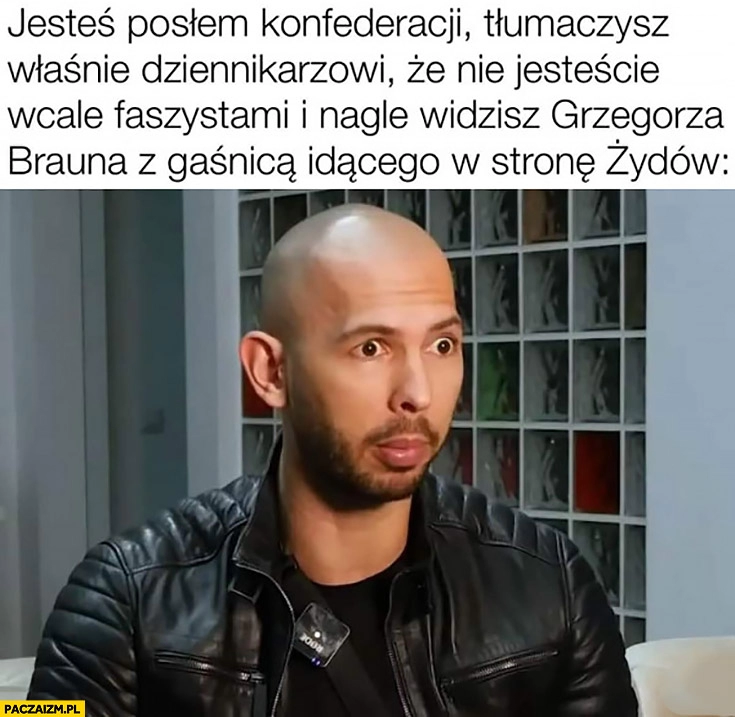 
    Jesteś posłem Konfederacji tłumaczysz dziennikarzowi, że nie jestescie faszystami i widzisz Grzegorza Brauna idącego z gaśnica w stronę Żydów Andrew Tate zdziwiony