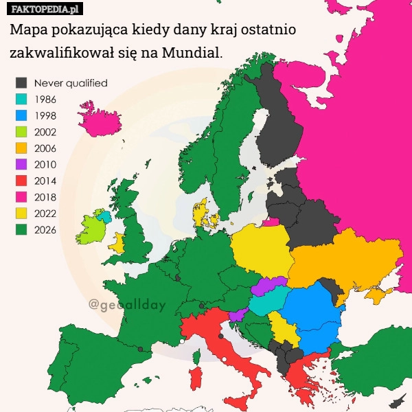 
    Mapa pokazująca kiedy dany kraj ostatnio zakwalifikował się na Mundial.