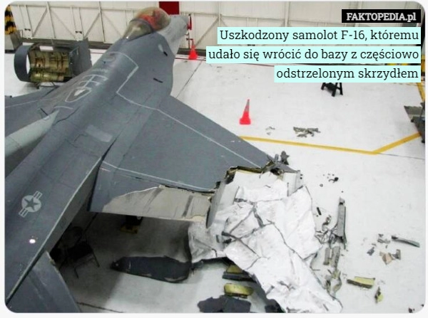 
    Uszkodzony samolot F-16, któremu udało się wrócić do bazy z częściowo odstrzelonym