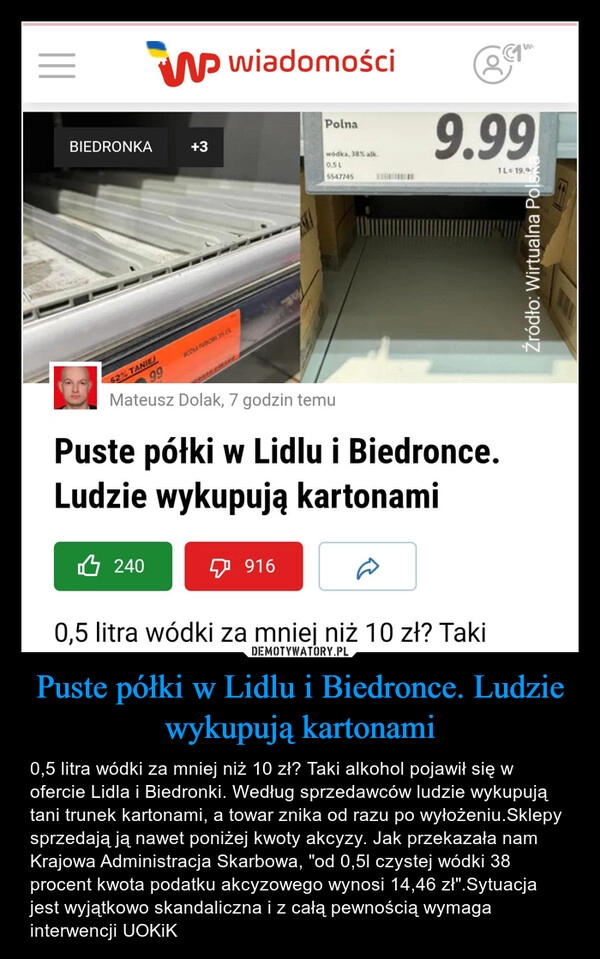 
    Puste półki w Lidlu i Biedronce. Ludzie wykupują kartonami