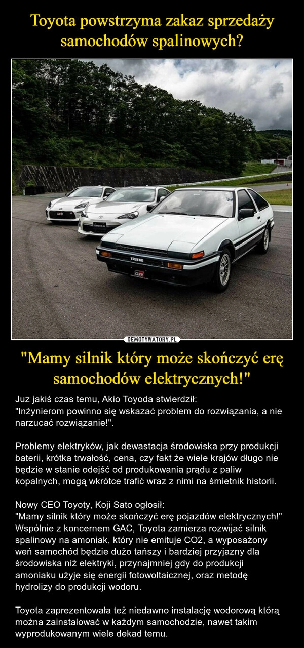 
    Toyota powstrzyma zakaz sprzedaży samochodów spalinowych? "Mamy silnik który może skończyć erę samochodów elektrycznych!"