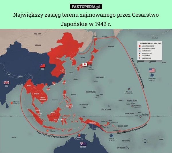 
    Największy zasięg terenu zajmowanego przez Cesarstwo Japońskie w 1942 r.