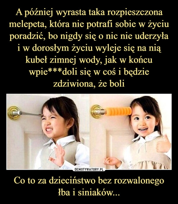 
    A później wyrasta taka rozpieszczona melepeta, która nie potrafi sobie w życiu poradzić, bo nigdy się o nic nie uderzyła i w dorosłym życiu wyleje się na nią kubeł zimnej wody, jak w końcu wpie***doli się w coś i będzie zdziwiona, że boli Co to za dzieciństwo bez rozwalonego łba i siniaków...