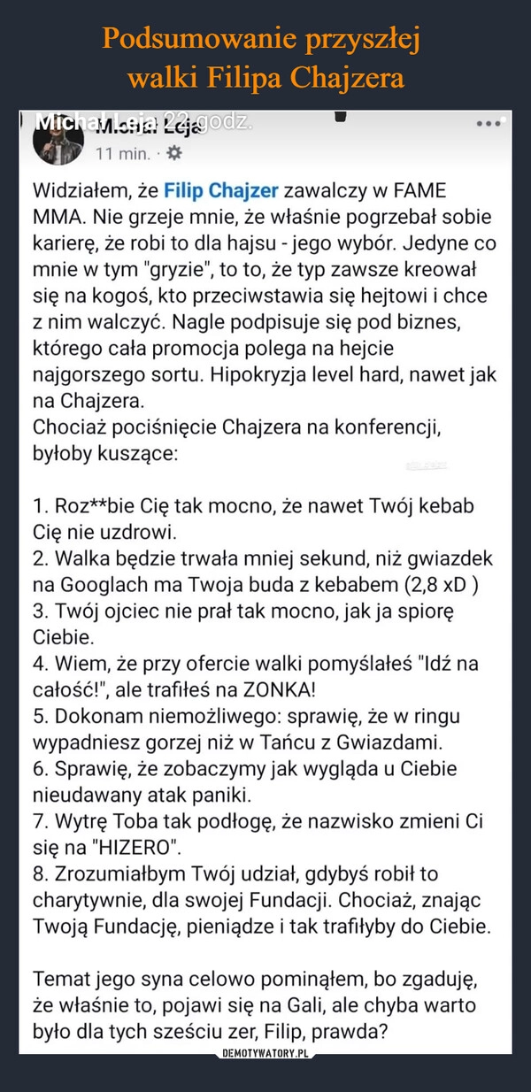 
    Podsumowanie przyszłej 
walki Filipa Chajzera