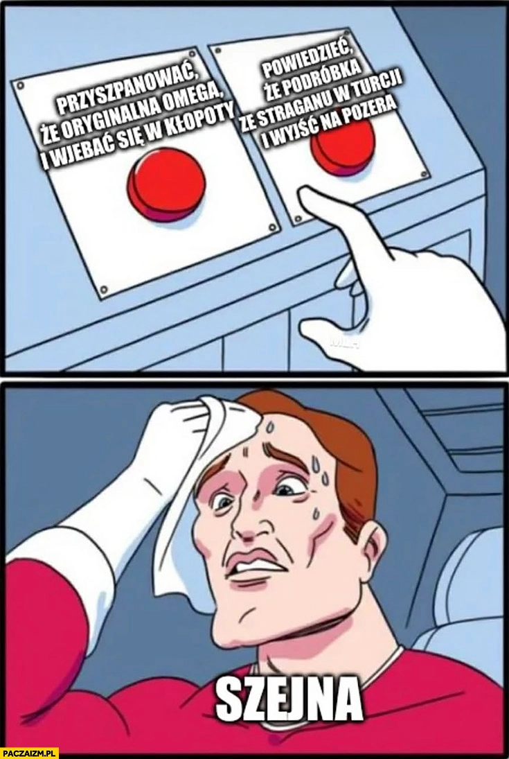 
    Szejna przyszpanować zegarkiem omega i mieć kłopoty vs powiedzieć, że to podróbka i wyjść na pozera przyciski