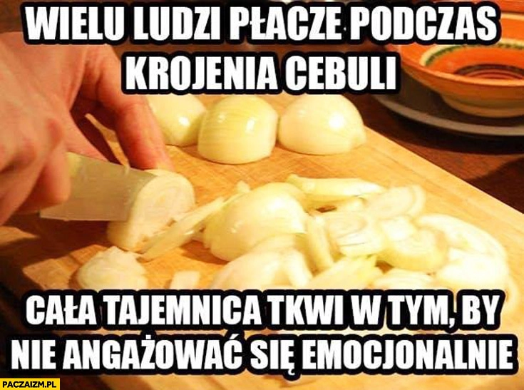 
    Wielu ludzi płacze podczas krojenia cebuli cała tajemnica tkwi w tym by nie angażować się emocjonalnie