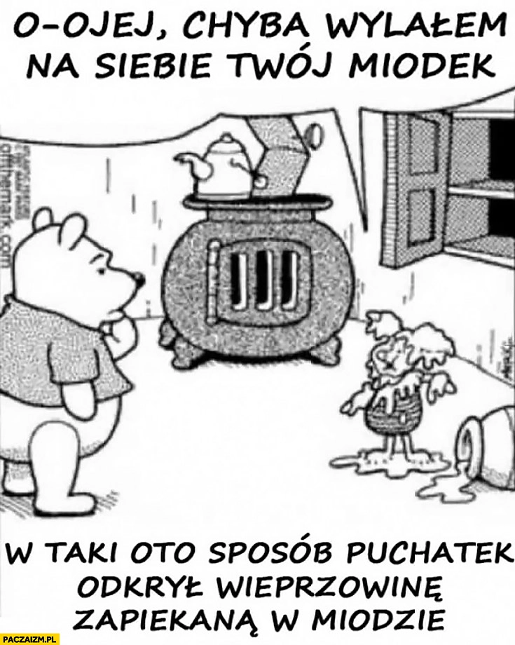 Puchatek prosiaczek ojej chyba wylałem na siebie Twój miodek. W taki oto sposób Puchatek odkrył wieprzowinę zapiekaną w miodzie
