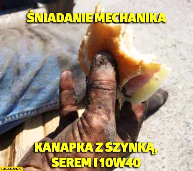 
    Śniadanie mechanika: kanapka z szynką, serem i olejem 10W40