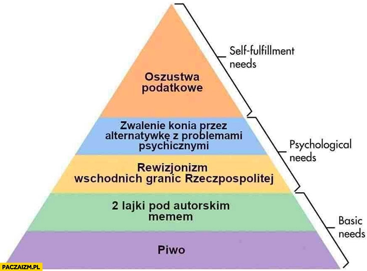 Piramida potrzeb: piwo, lajki pod memem, rewizjonizm granic RP, zwalenie przez alternatywkę, oszustwa podatkowe