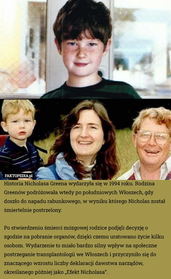 
    Historia Nicholasa Greena wydarzyła się w 1994 roku. Rodzina Greenów podróżowała