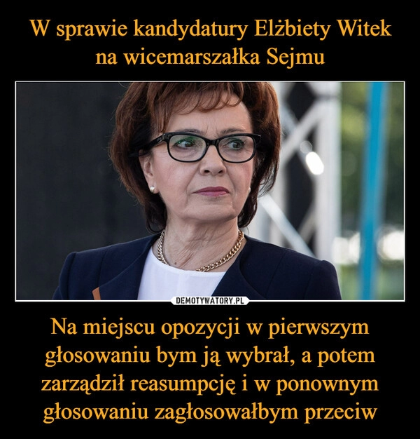 
    W sprawie kandydatury Elżbiety Witek na wicemarszałka Sejmu Na miejscu opozycji w pierwszym głosowaniu bym ją wybrał, a potem zarządził reasumpcję i w ponownym głosowaniu zagłosowałbym przeciw