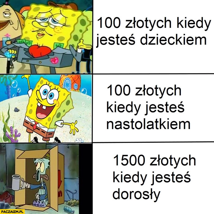 
    Spongebob 100 złotych kiedy jesteś dzieckiem, nastolatkiem 1500 złotych kiedy jesteś dorosły