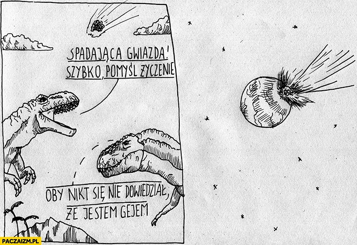 
    Spadająca gwiazda, szybko pomyśl życzenie. Oby nikt się nie dowiedział, że jestem gejem dinozaury