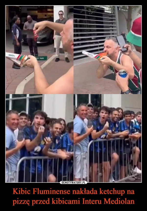 
    Kibic Fluminense nakłada ketchup na pizzę przed kibicami Interu Mediolan