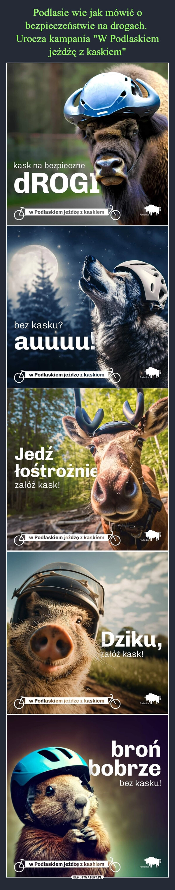 
    Podlasie wie jak mówić o bezpieczeństwie na drogach. 
Urocza kampania "W Podlaskiem jeżdżę z kaskiem"