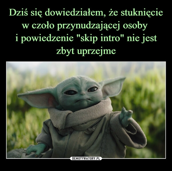 
    Dziś się dowiedziałem, że stuknięcie w czoło przynudzającej osoby 
i powiedzenie "skip intro" nie jest zbyt uprzejme